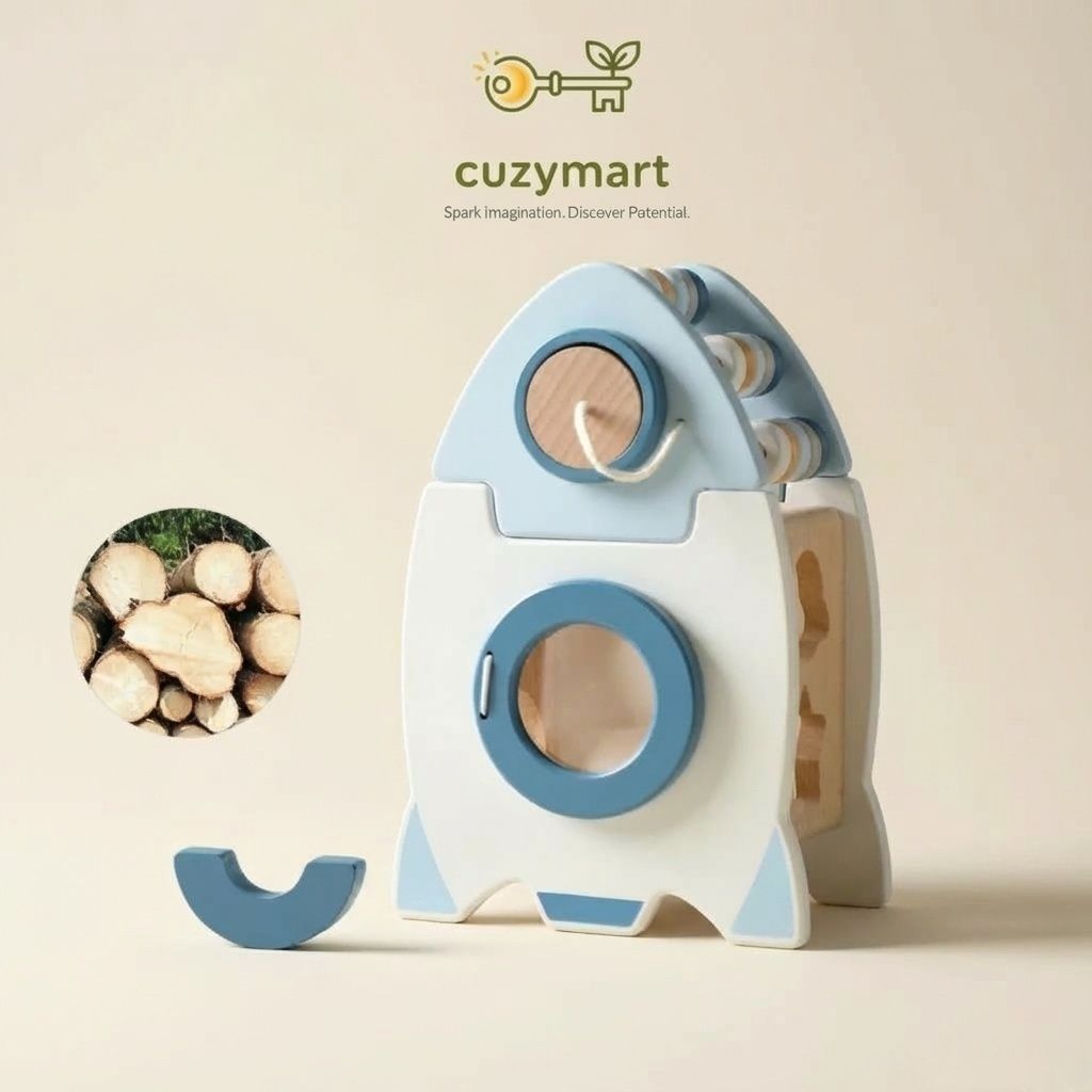 Wooden rocket stacking toy with magnetic pieces on a nursery shelf.