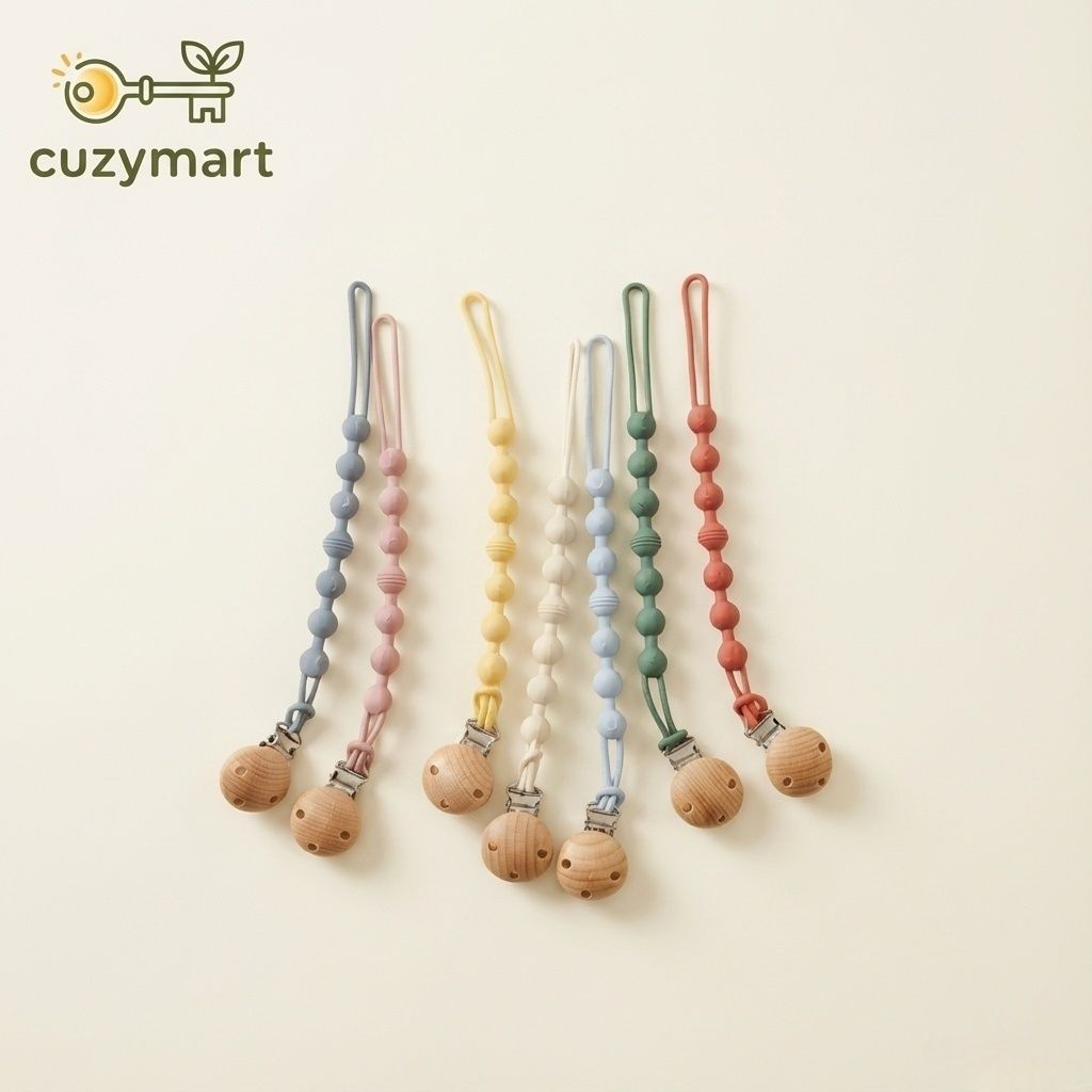Silicone beaded pacifier clip attached to a baby's outfit.