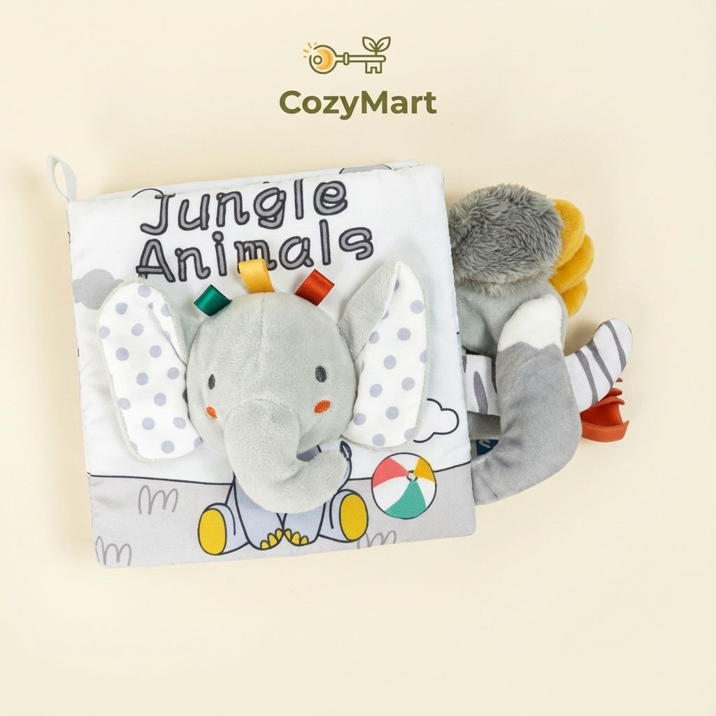 Soft fabric sensory book for babies with 3D animal tails.