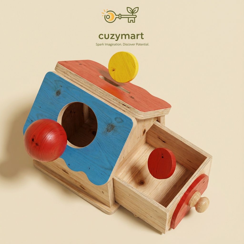 Montessori wooden object permanence box with red ball on a nursery rug.