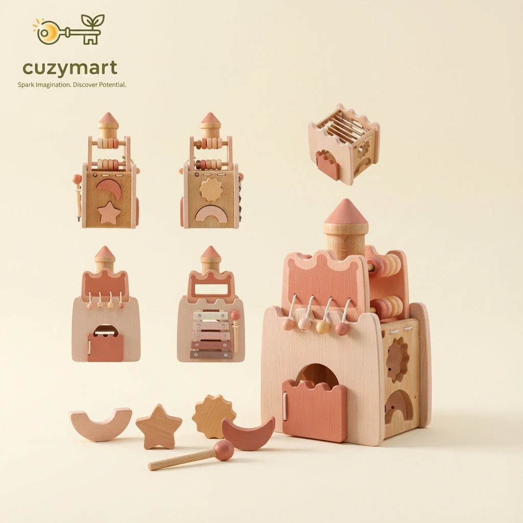 Wooden activity castle with shape sorter and gears on a play mat.